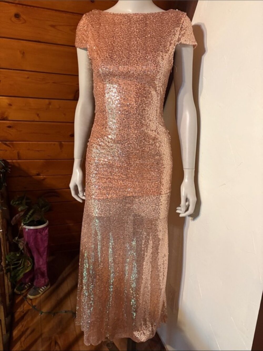 Rose Gold Sequin Cowl Back Maxi Dress with Short Sleeves - Size M